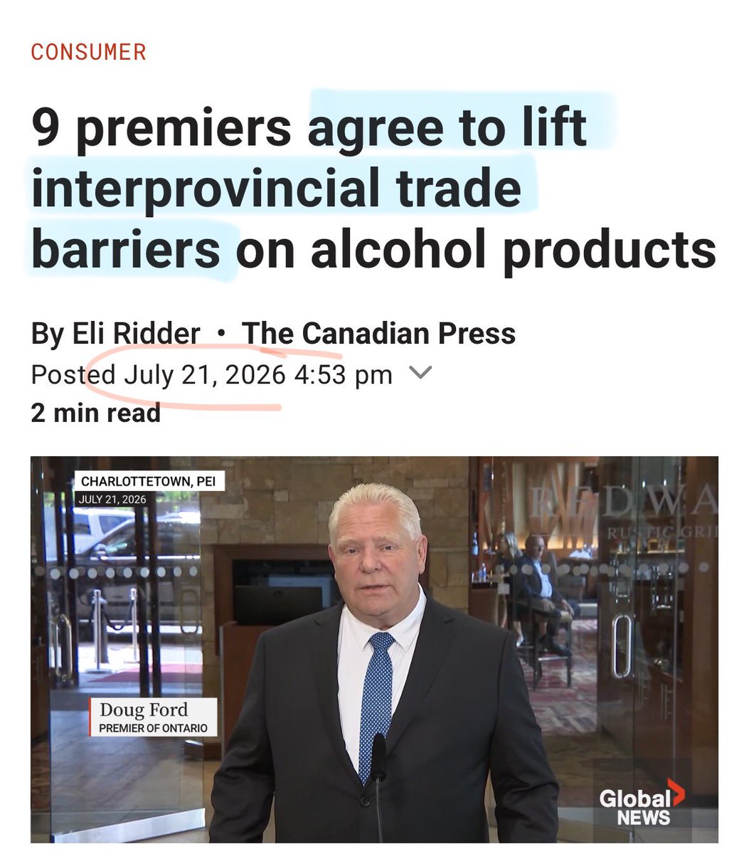 MelissaLMRogers's tweet photo. So after about 100 years of interprovincial alcohol trade barriers, the Premiers have decided to lift those barriers BECAUSE OF President Trump 

Canadians should be thanking the President, because otherwise Premiers and provinces would’ve continued these trade barriers 👀 https://t.co/32mnGoBEdC
