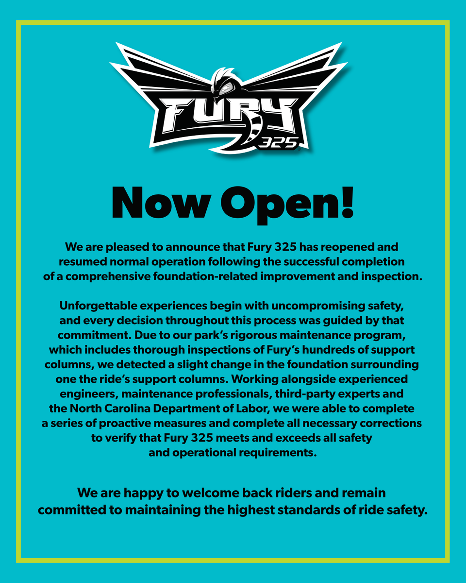 Carowinds's tweet photo. #Fury325 has officially reopened! 🐝 🎢 https://t.co/AiyhkeH1E6