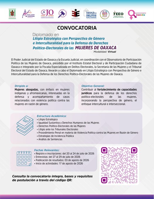 Elizabeth_SG1's tweet photo. Desde el @Observa_Oaxaca, que tengo el honor de presidir, y en coordinación con la Escuela Judicial, las invitamos al Diplomado en Litigio Estratégico con PG e Interculturalidad para la Defensa de los Derechos Político-Electorales de las Mujeres de #Oaxaca

Mas información aquí👇 https://t.co/bRKSn9olkR