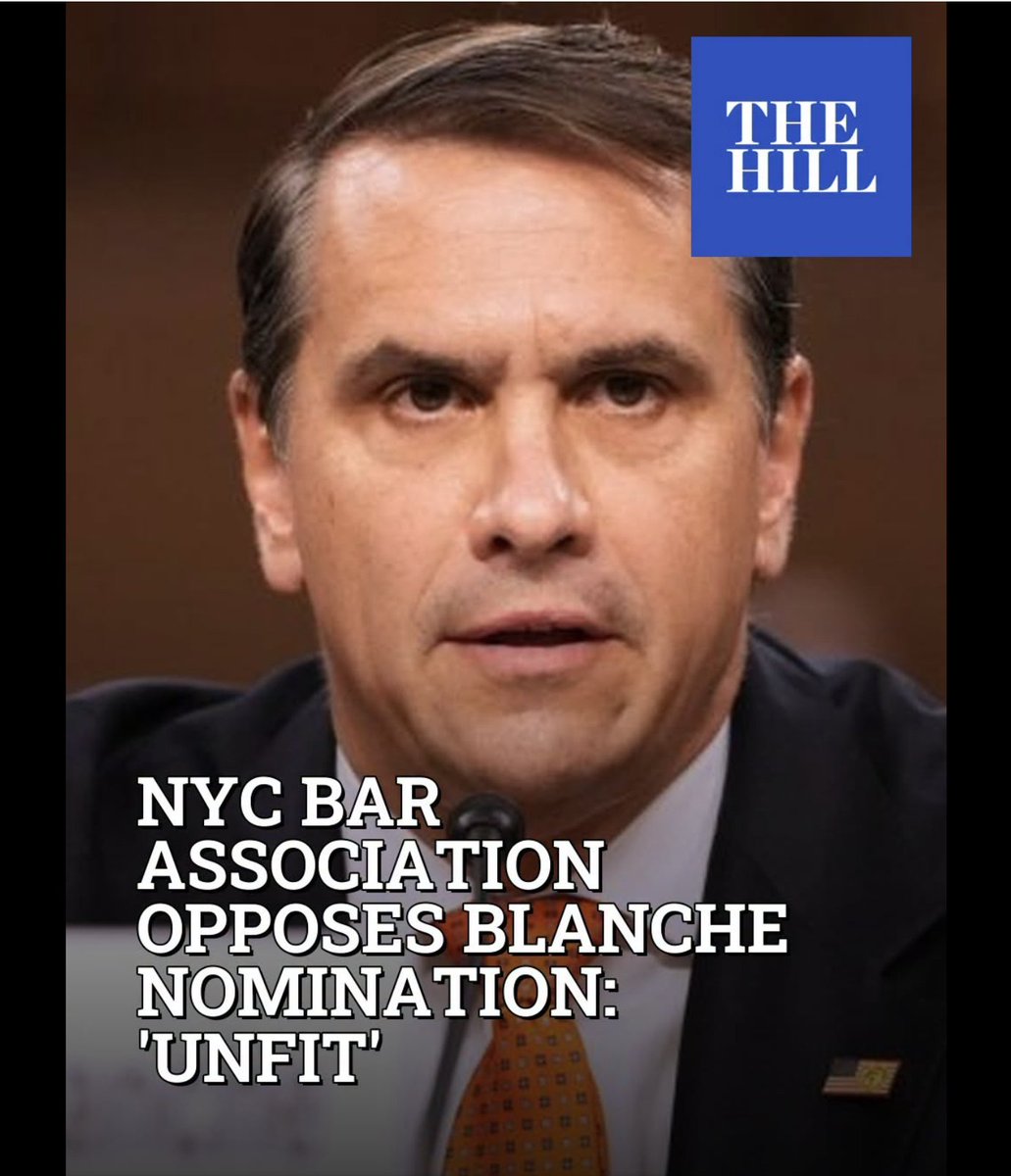 mchadwick77's tweet photo. 🚨 BREAKING: Todd Blanche not supported for AG by his own Bar. It says; "The AG personifies for Americans our commitment to the rule of law and equal justice under the law. Todd Blanche fails to meet this standard." @SenThomTillis @JohnCornyn https://t.co/B3wpDbn5xe