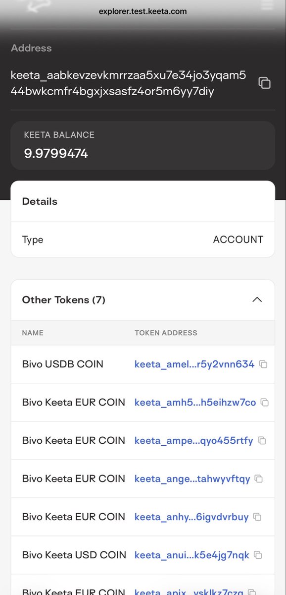 Brown_Thunder76's tweet photo. Theory time…

So today we got a group of PUBLIC fiat tokens with the KB prefix.

My theory is KB stands for Keeta Bivo and these are the customer-facing fiat balances.

So I started digging through the testnet to see if there was anything that supported that.

Sure enough, I found testnet assets literally named Bivo USDB COIN, Bivo Keeta USD COIN, and Bivo Keeta EUR COIN.

That obviously doesn’t prove KB means Keeta Bivo, but it definitely makes the theory a lot more believable. It also tells me today’s mainnet assets didn’t just appear out of nowhere. They’ve been building and testing this for a while.

All of today’s tokens were deployed with a supply of 0.000001, which tells me they’re being staged and tested, not yet launched for public use.

Then we have KVDUSD, except it’s PRIVATE instead of public.

My theory is KVD stands for Keeta Visa Direct. Visa Direct is already a live payment rail on Keeta, so it’s not a random guess. If that’s what KVD means, it would make perfect sense that it’s private. Settlement between regulated institutions isn’t something random wallets should be interacting with.

Then we have HSBCGBP and NBCCAD. I’m taking a shot in the dark and speculating those refer to HSBC and the National Bank of Canada.

One thing I also noticed is KVDUSD, HSBCGBP, and NBCCAD were all deployed from a different wallet than the KB tokens. I don’t know if they’re legitimate assets or not so keep that in mind.

What’s really interesting is…

They’re PRIVATE.

So now the theory looks like this:

PUBLIC = customer-facing balances.

PRIVATE = institution-specific payment rails and settlement infrastructure.

What’s even more interesting is this lines up with where the industry is already heading. HSBC has been talking about permissioned digital money. National Bank of Canada is backing Canada’s regulated CADD stablecoin. Visa is already settling billions of dollars through stablecoin infrastructure.

Could I be completely wrong about what the prefixes mean? Absolutely.

But the public vs. private split, combined with the different deployment wallets, doesn’t look random to me.

If this theory is even close, we might be watching regulated payment infrastructure get built on-chain in real time. 👀
@KeetaNetwork $KTA