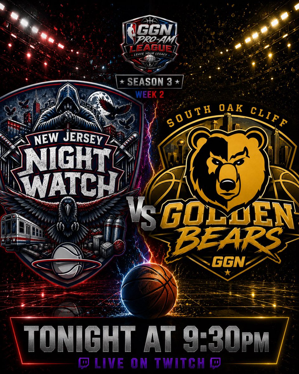 GGNProAmLeague's tweet photo. 🚨 GGN PRO-AM LEAGUE SEASON 3 🚨

🏀 One of Week 2’s marquee matchups is set as the undefeated New Jersey Night’s Watch (6-0) takes on the surging South Oak Cliff Golden Bears (4-2).

Live on Twitch!

#GGNProAmLeague #GGN2K https://t.co/HitAcdLWng