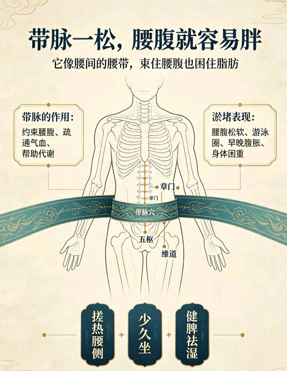 zhangta12459808's tweet photo. 为什么你只想瘦肚子？因为带脉“松”了

很多女生不胖 唯独肚子大 怎么练卷腹都练不掉 这在中医里 往往不是脂肪多 而是 带脉不通 痰湿瘀堵

《难经》记载 带脉者 起于季胁 回身一周 它像一条腰带 横向绕腰一圈 约束着纵行的经脉如果带脉松弛 堵塞 约束力下降 加上脾虚产生的痰湿往下流注 就容易堆积在腰腹部 形成游泳圈

这���肚子摸上去软塌塌 凉冰冰 早上不明显 晚上鼓胀 按下去甚至有个小坑 这叫 膏人 也就是我们常说的虚胖

想减这种肚子 光练腹肌没用 得先疏通带脉 最简单的办法 每天早晚用手掌根 沿着腰部两侧 裤腰带位置 来回搓热 直到皮肤发红 再按揉带脉穴 侧腹部 章门下1.8寸 配合健脾祛湿的中药  喝几天  把带脉这条 腰带 勒紧了 痰湿排出去了 肚子自然就平了 这方法要远远好于去健身房…

肚子软 肉凉 下午鼓胀的 回复看看有多少人和我说的一样