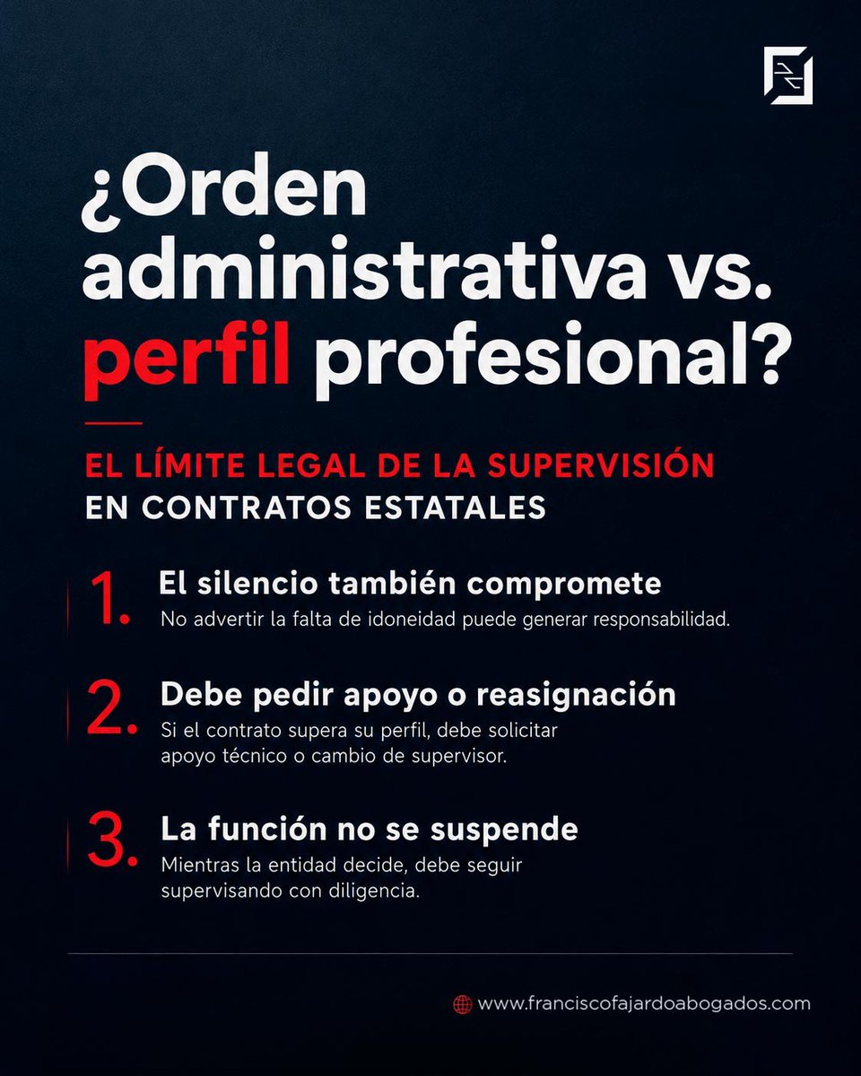 ff_abogados's tweet photo. #ContrataciónEstatal

🛑 ¿Supervisar sin el perfil técnico exime de responsabilidad?

* La Agencia Nacional de Contratación Pública aclaró que la falta de idoneidad profesional no libera al supervisor de sus responsabilidades. Si considera que el contrato supera sus competencias, debe informarlo oportunamente y solicitar la reasignación o el apoyo técnico correspondiente.

* Mientras la entidad decide, el supervisor debe continuar ejerciendo sus funciones con diligencia. Además, si la administración omite brindar el apoyo solicitado, esa actuación podrá ser valorada al analizar las responsabilidades derivadas de la ejecución contractual.

Conozca el análisis completo aquí:
https://t.co/teIP9OJxq4

#ResponsabilidadDisciplinaria #GestiónPública #FranciscoFajardoAbogados
