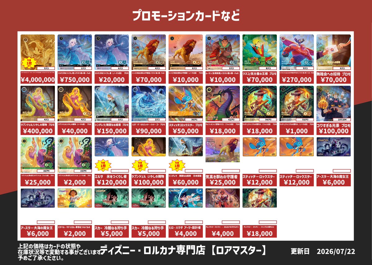 ロルカナ エンチャンテッド プロモ まとめ売り ディズニー・ロルカナ エンチャンテッド、プロモ、サプライ買取表です