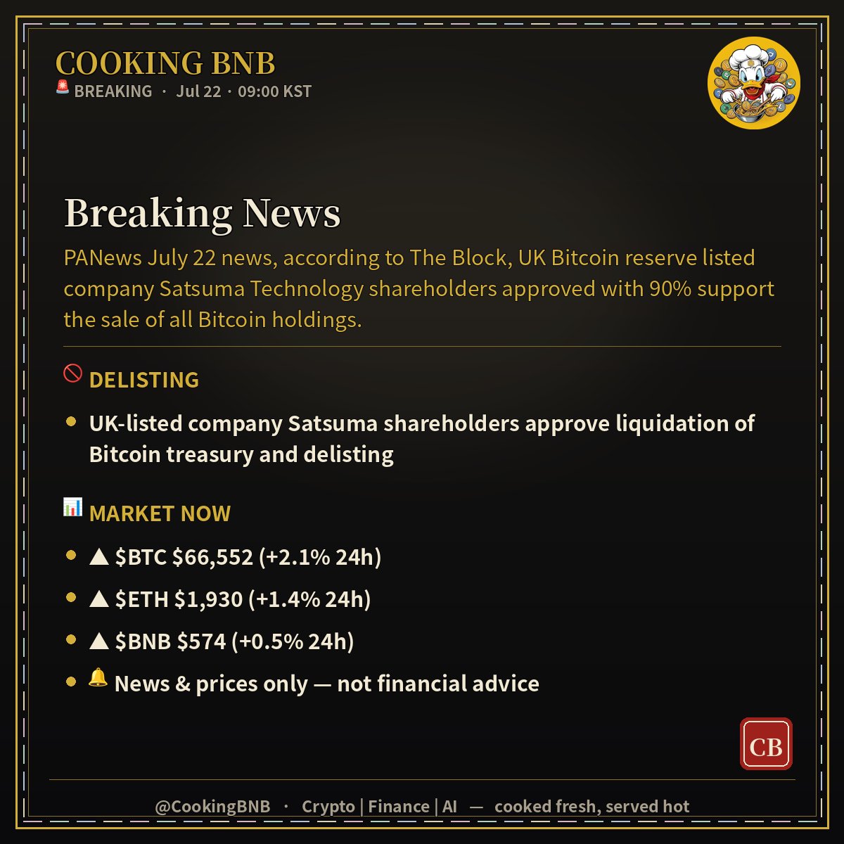CookingBNB's tweet photo. 🚨 BREAKING

UK-listed company Satsuma shareholders approve liquidation of Bitcoin treasury and delisting

PANews July 22 news, according to The Block, UK Bitcoin reserve listed company Satsuma Technology shareholders approved with.

🍳 Served hot.

#Crypto #News #BNBChain https://t.co/IXzJfHpHEg