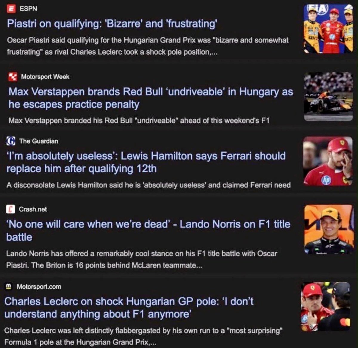 F1GuyDan's tweet photo. A redditor compiled a collection of incredible headlines from last year’s Hungarian GP.

What a weekend.

(creds to u/Luffy710j) https://t.co/rQ1p7AtLjq