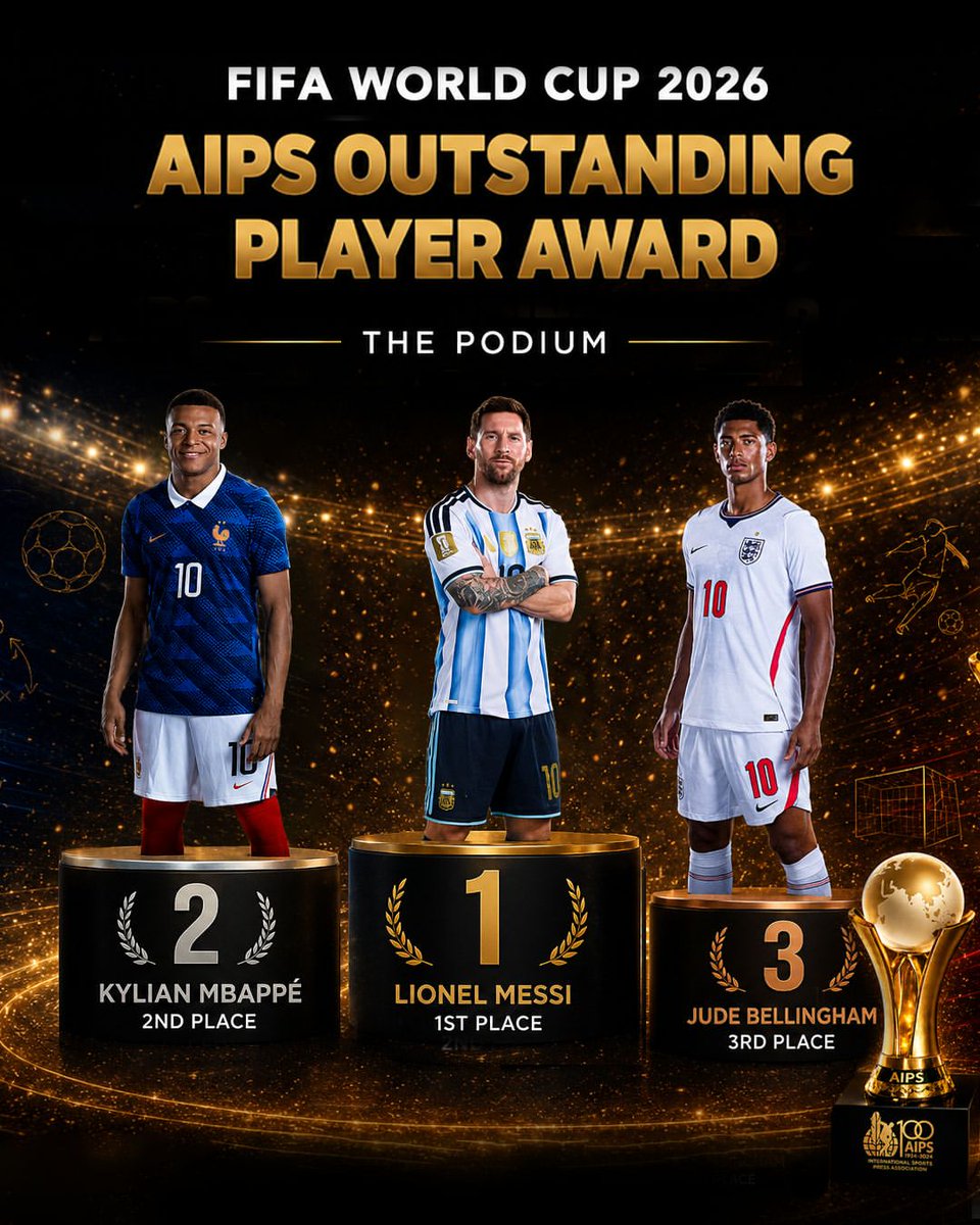 messi10_rey's tweet photo. 🚨Leo Messi ha sido elegido como el MEJOR JUGADOR del MUNDIAL 2026 por @AIPSmedia (Asociación Internacional de Prensa Deportiva), según la votación de 472 periodistas de 121 países.

1. Messi (1179 puntos)
2. Mbappé (717 puntos)
3. Bellingham (470 puntos)

TODOS SABEN de la PELOTA....menos el ente que la rige !!!!