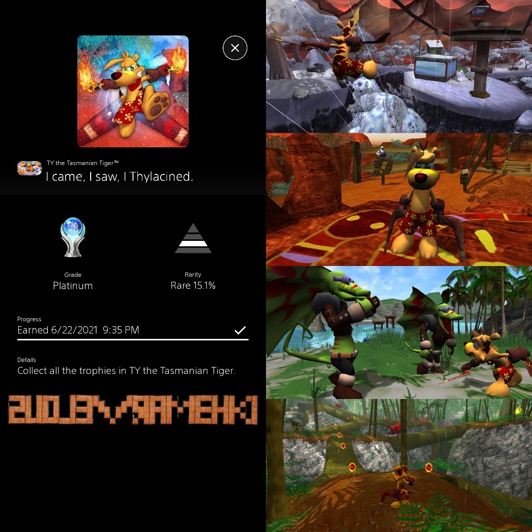 MarvelousMehki's tweet photo. Platinum #113 goes to Ty the Tasmanian Tiger!? While it’s not the most groundbreaking platformer, it’s still unique in its own right, with levels having a good variety to them and the OST now occupying a happy place in my mind.

#PlayStationTrophy #TytheTasmanianTiger https://t.co/TY0dtDoC8n