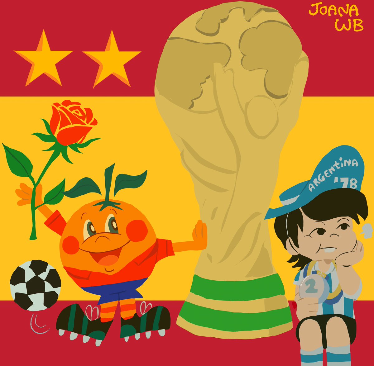 JoanaWBart's tweet photo. Spain is the grand winner of the 2026 World Cup ⚽️🇪🇸🥳

Featuring Naranjito, from the 1982 World Cup hosted in Spain, together with Gauchito, from the 1978 World Cup hosted in Argentina 🍊🇦🇷
​
​#fifaworldcup2026 #mascotverse #worldcup #mascots https://t.co/pAKFUi0s5p