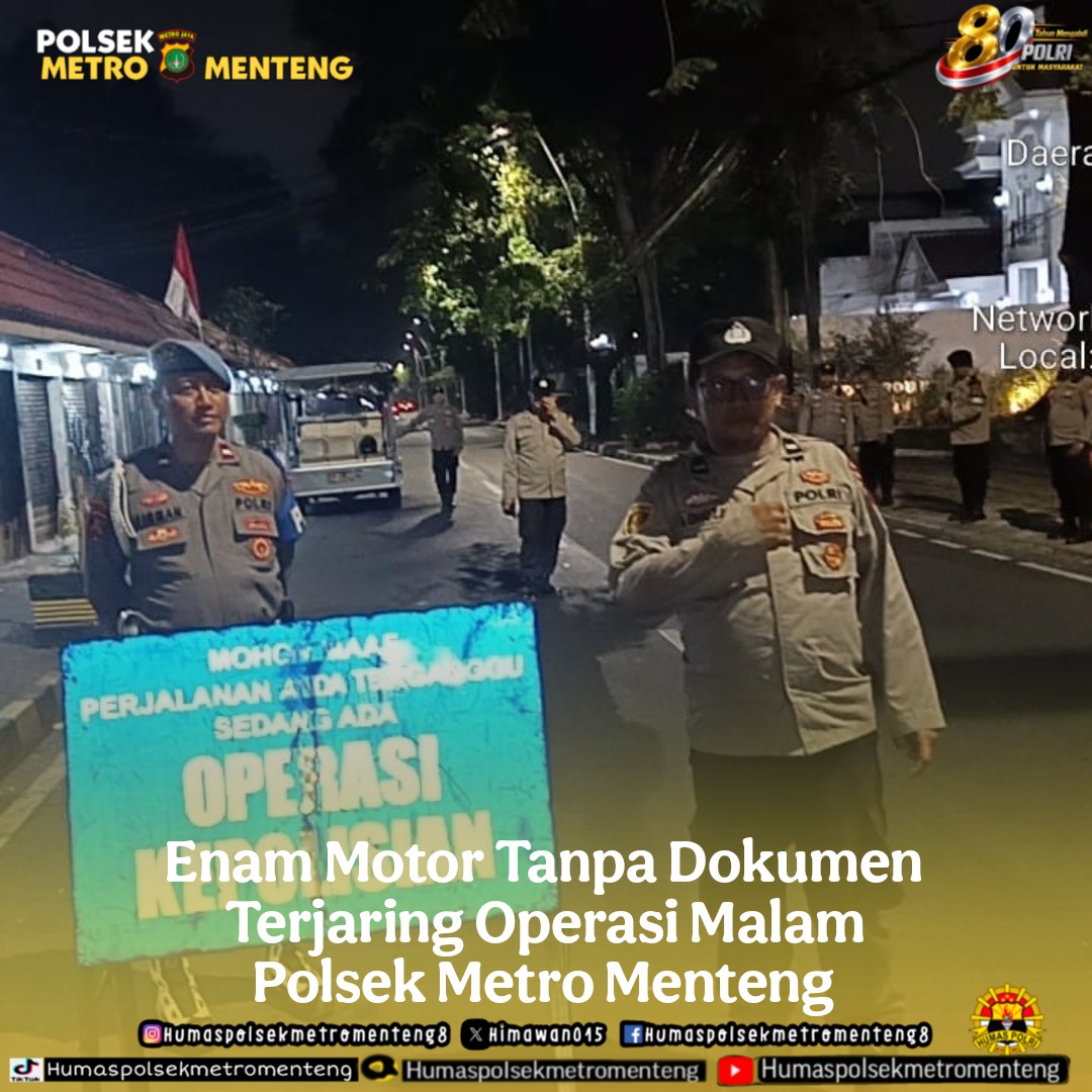 himawan015's tweet photo. Enam Motor Tanpa Dokumen Terjaring Operasi Malam Polsek Metro Menteng

Jakarta Pusat – Polsek Metro Menteng kembali menggelar razia stasioner dalam rangka Operasi Cipta Kondisi melalui program Jaga Jakarta di Jalan Surabaya, Menteng, Jakarta Pusat. Kegiatan dipimpin oleh Padal https://t.co/mb5PmaGhWo