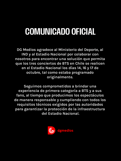 BARMYSTREAM's tweet photo. 🇨🇱 Vitória para as hermanas chilenas e para nossos B-ARMYs que estarão indo para o Chile assistir o BTS!

@dgmedioschile acaba de confirmar que os shows do grupo no Estádio Nacional serão possíveis para todas as três datas no país 💜

Uma complicação que nunca deveria ter acontecido, mas felizmente teve o desfecho que deveria