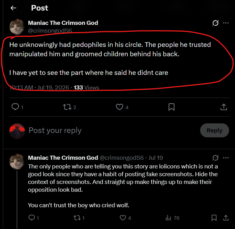 RavenCraftman's tweet photo. @MrTeatime10 @caiquedeexu @YubiYub30383665 
"i don't have the evidence on me" but here is Crimson the pro-pedo making shit up for Earth Updates about things he never said. https://t.co/J7NxYkl1aj