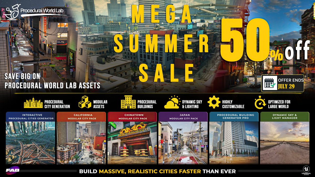 ProceduralWdLab's tweet photo. Fab Summer Mega Sale is here 🔥 Up to 50% OFF Procedural World Lab's full catalog — city tools, environments, vehicles, modular kits &amp; more.

Ends July 29. Don't wait.

👉 Grab your assets now: https://t.co/y5L0x3H8VX
@fab @UnrealEngine 

#UnrealEngine #GameDev #3DAssets #UE5 https://t.co/KE2QfBsSQh