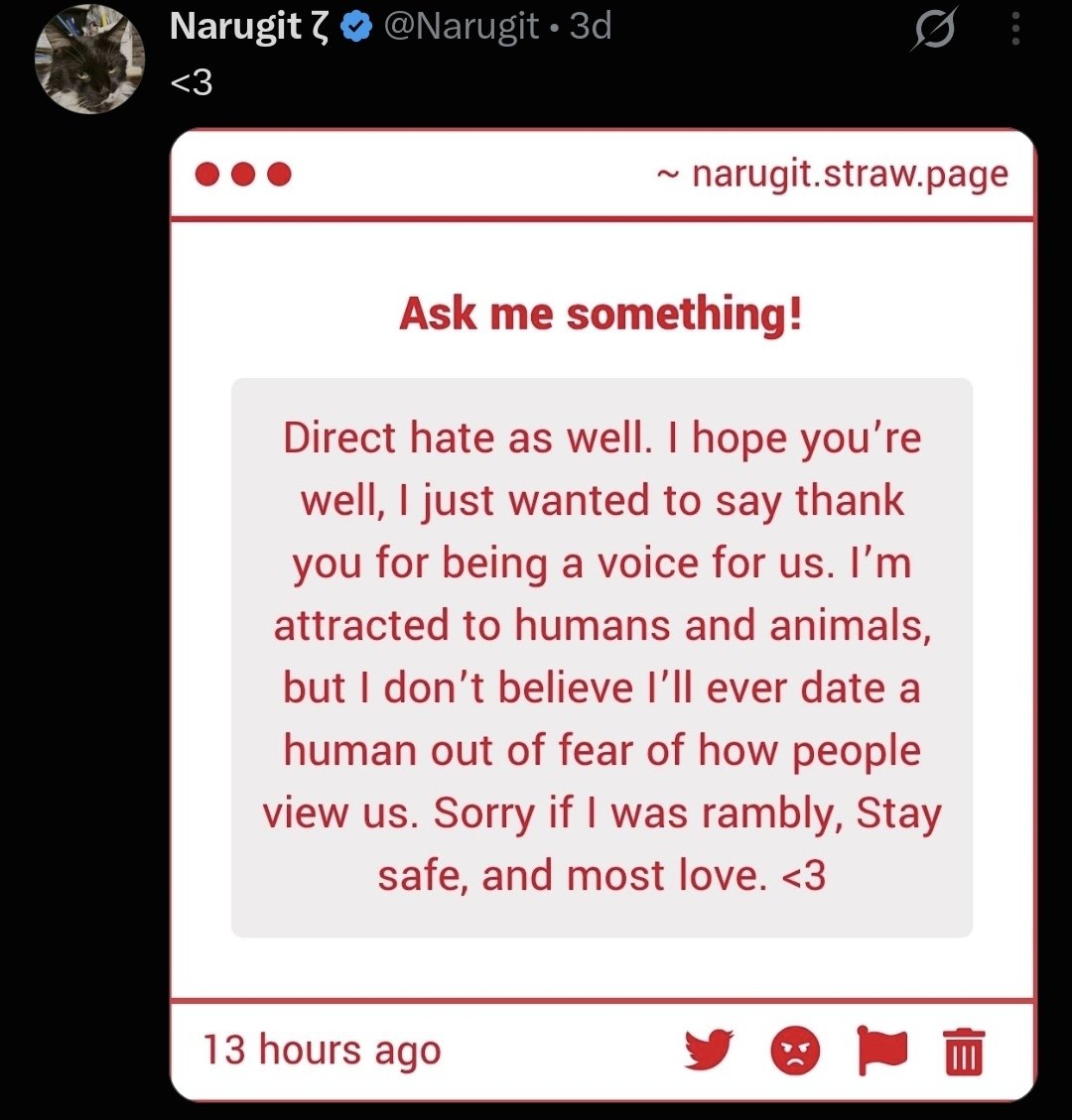 anti_intlist's tweet photo. 🔻 Puritan/Pro-censorship Blocklist Entry #40
User: @/Narugit
Topic: zoophilic disorder
Explanation: this person is a self-admitted zoophile, sees nothing wrong with it, claims it's their sexuality rather than a mental illness.

#proshiptwt #furrytwt #profictwt #darkshiptwt https://t.co/XrX6odfUzy