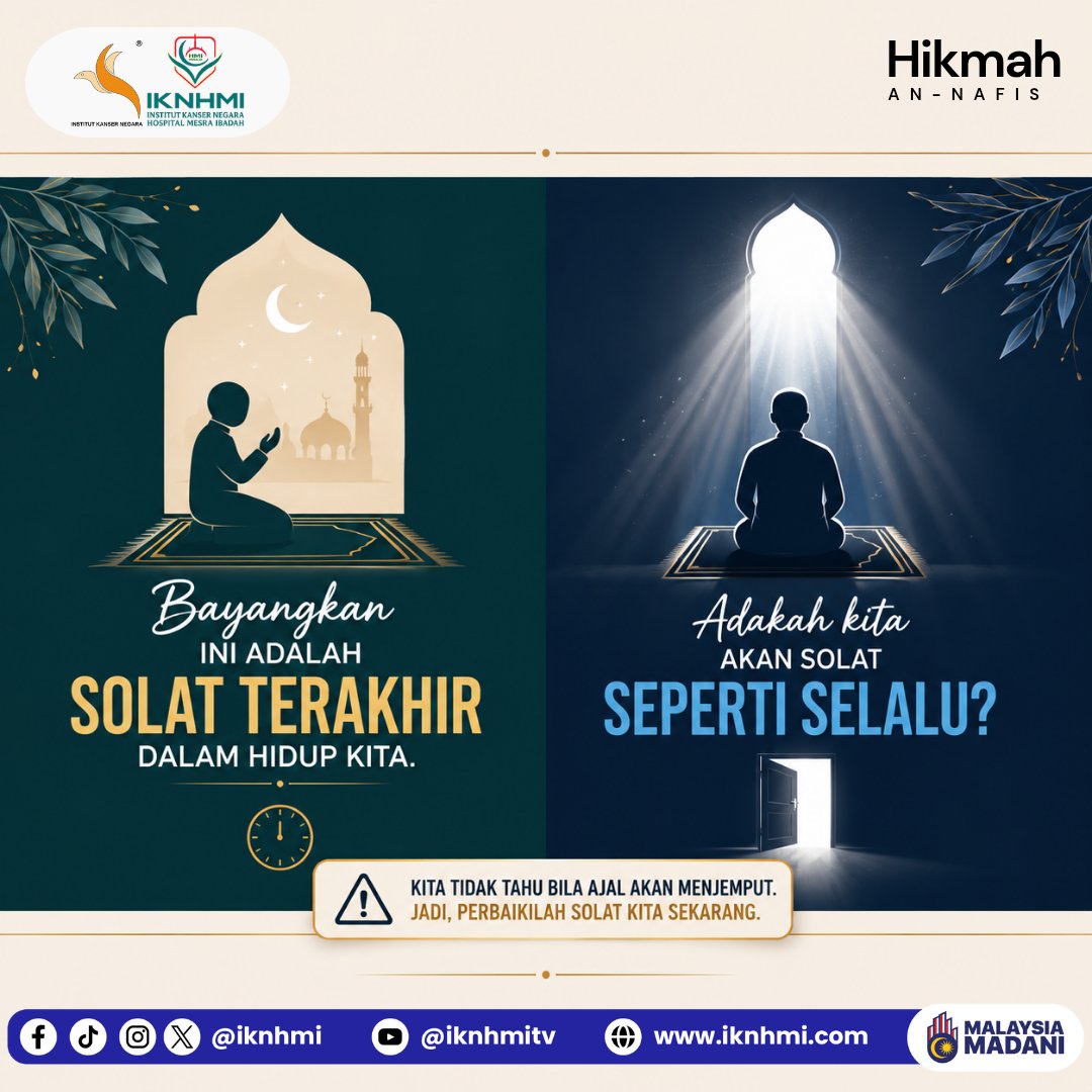 iknhmi's tweet photo. Bayangkan... jika solat yang baru kita tunaikan sebentar tadi adalah solat terakhir dalam hidup kita. Adakah kita benar-benar telah mengerjakannya dengan penuh khusyuk dan ikhlas?

Tiada siapa mengetahui bila ajal akan menjemput. Selagi masih diberi nafas, marilah kita memperbaiki solat sedikit demi sedikit. Semoga setiap sujud menjadi bekalan terbaik untuk bertemu Allah SWT.

Ya Allah, jadikanlah kami dalam kalangan hamba-Mu yang sentiasa menjaga solat.