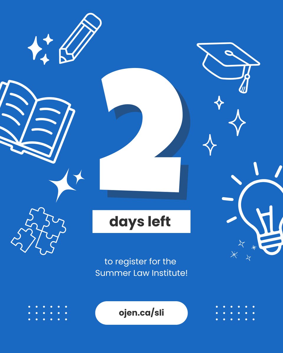 OJEN_ROEJ's tweet photo. TWO days until the Summer Law Institute registration ends! Law teachers, if you haven't signed up yet, now is your chance. This annual PD event offers insights into the latest legal issues in the news today. More: https://t.co/TBSlCBluhJ https://t.co/q9XxEsCGnH