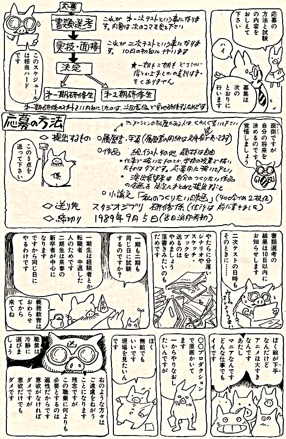 mantengorilla's tweet photo. 1989年の「アニメージュ　9月号」に掲載された、「スタジオジブリ新人アニメーター募集のおしらせ」という、宮崎駿監督が漫画形式で描いた募集要項です。
合格した研修生の第一期生に小西 賢一さん、第二期生に安藤雅司さん、吉田健一さんらがいました。この新人募集漫画は大成功を収めたと言えます。 https://t.co/xUpZ02euLD