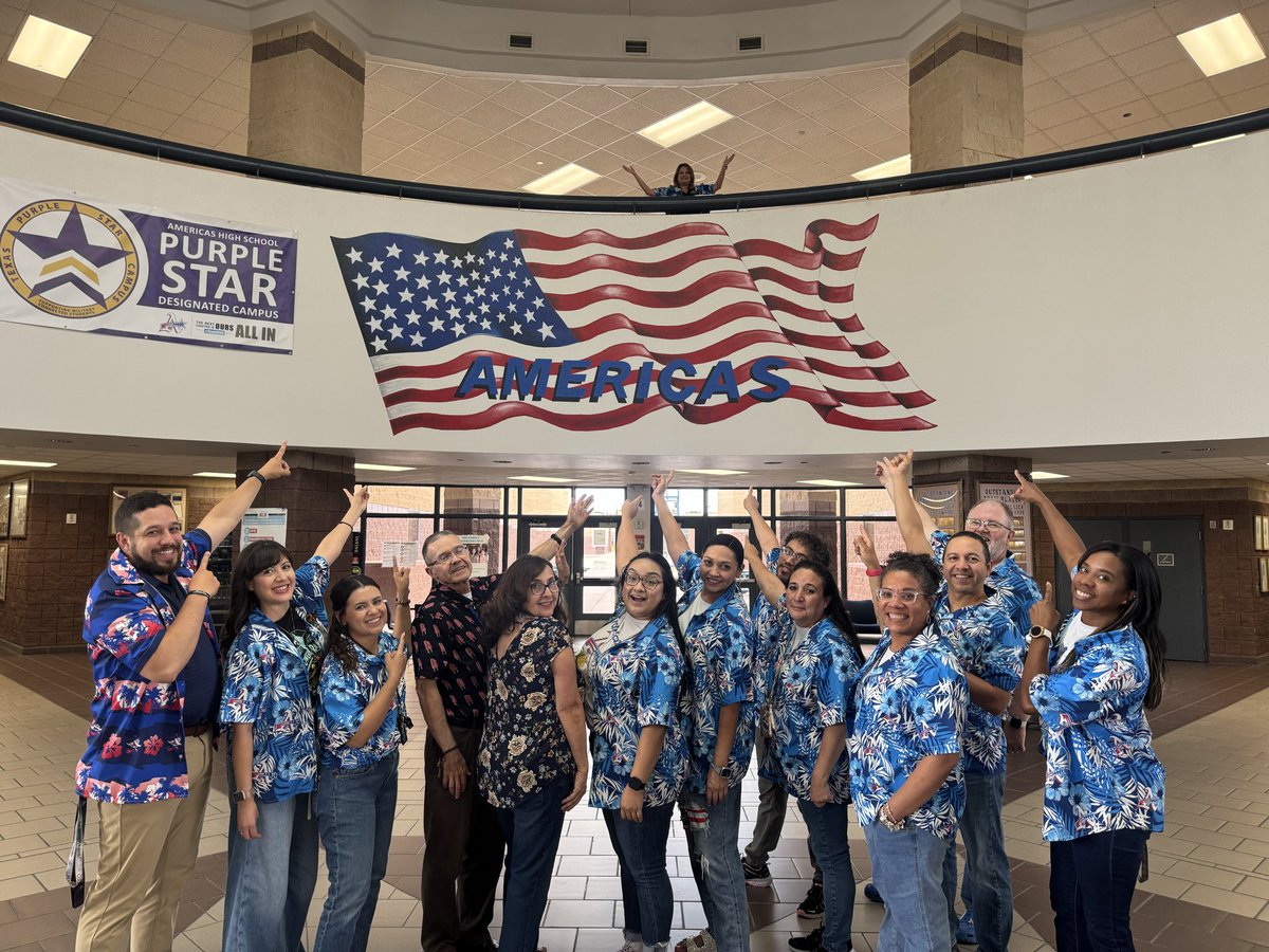 LStephenson_AHS's tweet photo. Our math dept. finding the sum of sunshine and school spirit for day 2: united we shine dept day! 💙❤️🤍💛 my math family @EOrtiz_AHS @Americas_HS #UnitedWeBlazeTheWay https://t.co/ryuRf9qtAK