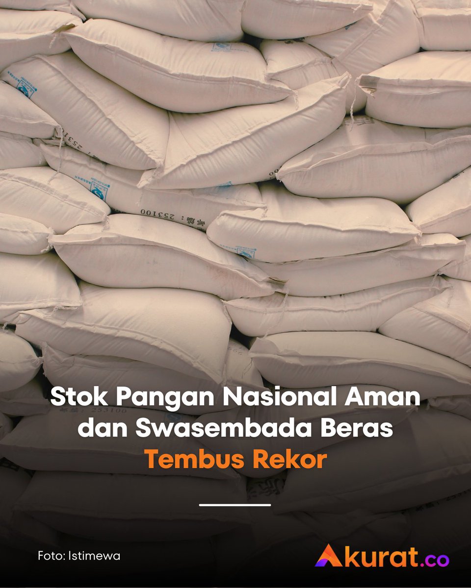 akuratco's tweet photo. Tantang El Nino, Stok Pangan Nasional Aman dan Swasembada Beras Tembus Rekor! 🌾☀️

Jakarta — Pemerintah melalui Badan Pangan Nasional (Bapanas) memastikan ketersediaan pangan nasional tetap aman dan kokoh dalam menghadapi ancaman kemarau panjang akibat fenomena El Nino. 

Berdasarkan data per 20 Juli 2026, Cadangan Pangan Pemerintah (CPP) untuk komoditas beras yang dikelola Bulog telah menembus angka 5,24 juta ton. 

Ketahanan ini juga didukung oleh penguatan stok cadangan daerah di berbagai provinsi dan kabupaten/kota, serta ketersediaan komoditas strategis lainnya seperti jagung pakan, minyak goreng, gula, hingga daging ayam. 

Untuk komoditas yang mudah rusak seperti cabai, bawang merah, dan telur, pasokan diyakini tetap terjaga karena produksi dalam negeri masih melampaui angka kebutuhan konsumsi nasional.

Keyakinan pemerintah dalam menghadapi cuaca ekstrem ini semakin diperkuat oleh pencapaian gemilang di sektor pertanian. 

Kepala Bapanas yang juga menjabat sebagai Menteri Pertanian, Amran Sulaiman, mengumumkan bahwa Indonesia kini telah berhasil mencapai target swasembada pangan, khususnya beras dan jagung. 

Hebatnya, gagasan besar Presiden yang awalnya ditargetkan rampung dalam empat tahun ini sukses diwujudkan hanya dalam waktu satu tahun. 

Pencapaian ini menjadi fondasi utama bagi pemerintah untuk menjamin stabilitas pasokan dan harga di pasaran, sehingga masyarakat tidak perlu khawatir akan terjadinya krisis pangan di tengah tantangan iklim global.