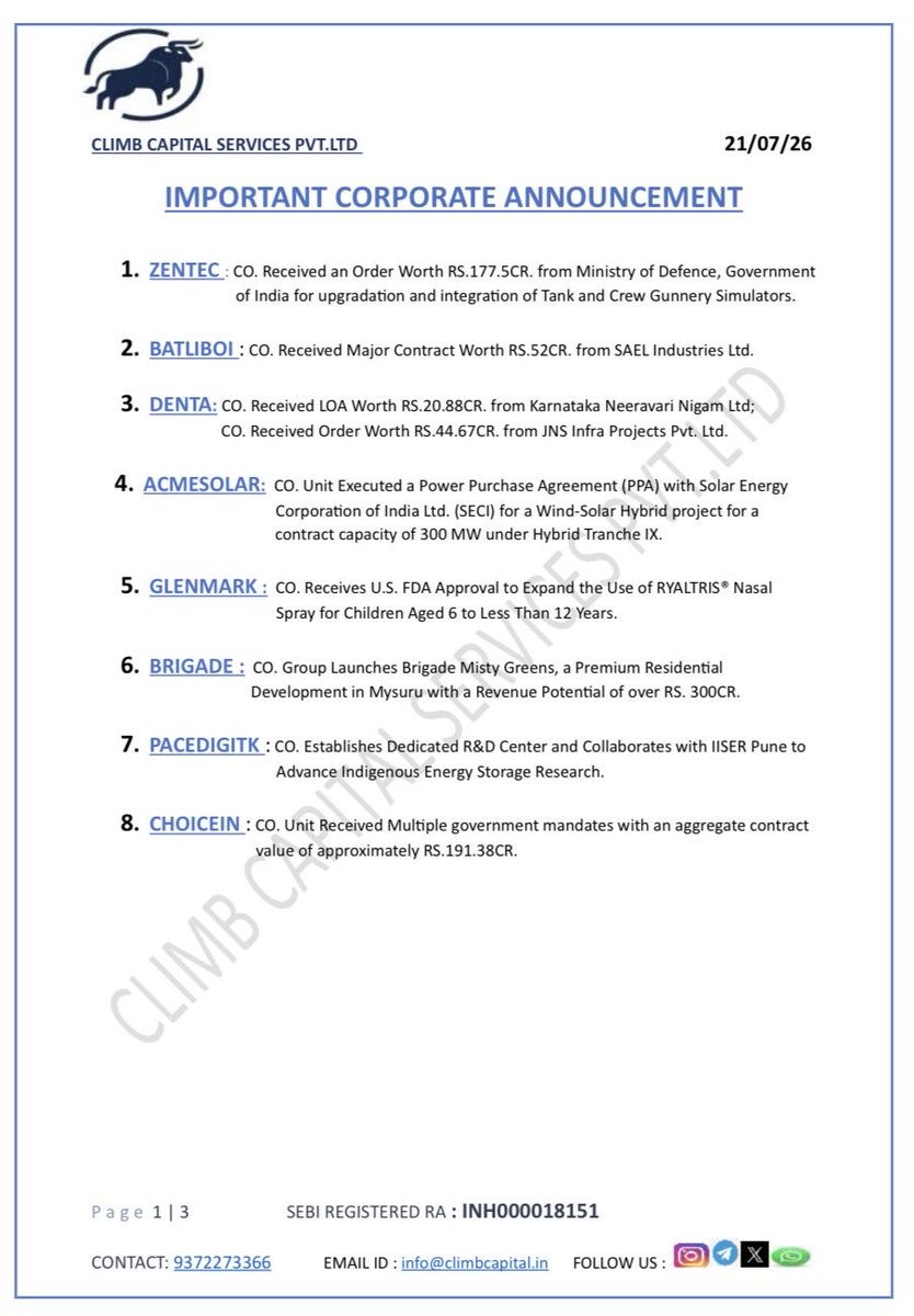 CLIMBCAPITAL9's tweet photo. IMPORTANT CORPORATE ANNOUNCEMENTS OF 21-07-2026 https://t.co/hOMW7921EX