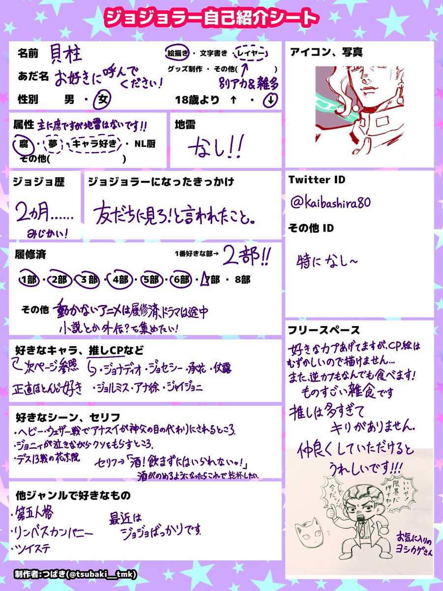 kaibashira80's tweet photo. 自己紹介作ってみました‼️
ジョジョにハマって間もない初心者🔰です
本当に雑食すぎてなんでも食べます💪
推しはもっといますみんな好きです💕
よろしくお願いします‼️‼️‼️

#ジョジョラー自己紹介シート https://t.co/TkjKpR6LJE