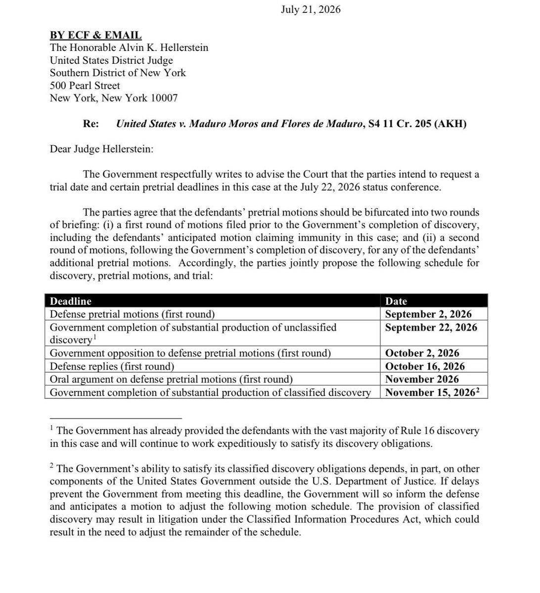 ALEJOrincon's tweet photo. 🚨URG | EE.UU. plantea que el juicio contra Nicolás Maduro y Cilia Flores sea en Junio de 2027 | Así lo revelan nuevos documentos judiciales publicados por la fiscalía, horas antes de la audiencia de seguimiento al caso prevista para mañana https://t.co/fmGsbyGNB6