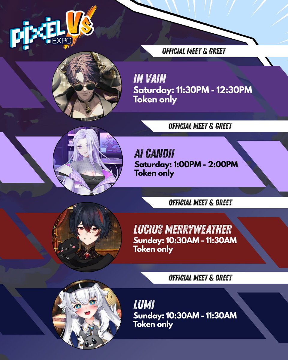 MyPixelExpo's tweet photo. How are you going to keep track of all of our vTuber Guests?

With their schedules of course!
All of our wonderful vTuber Guests will be attending different events across the expo weekend.
From panels to Q&amp;As and concerts, there’s plenty of time to see your oshi at Pixel Expo Vs https://t.co/POyQ1USXn1