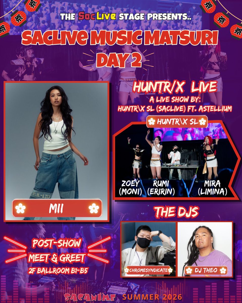 SacAnime's tweet photo. Three days of music are coming to SacAnime Summer 2026! 🎶

🏮 Sept. 4: Genevieve, Isiliel, Moni, Eririn, Limina &amp; DJ Theo
🪩 Sept. 5: Mii, HUNTR\X LIVE, ChromeSyndicate &amp; DJ Theo
🎮 Sept. 6: OverPowered, Limina &amp; DJ DommyG

📍 SacLive Stage · 2F Ballroom B1–B5 https://t.co/JUZyv66e8P