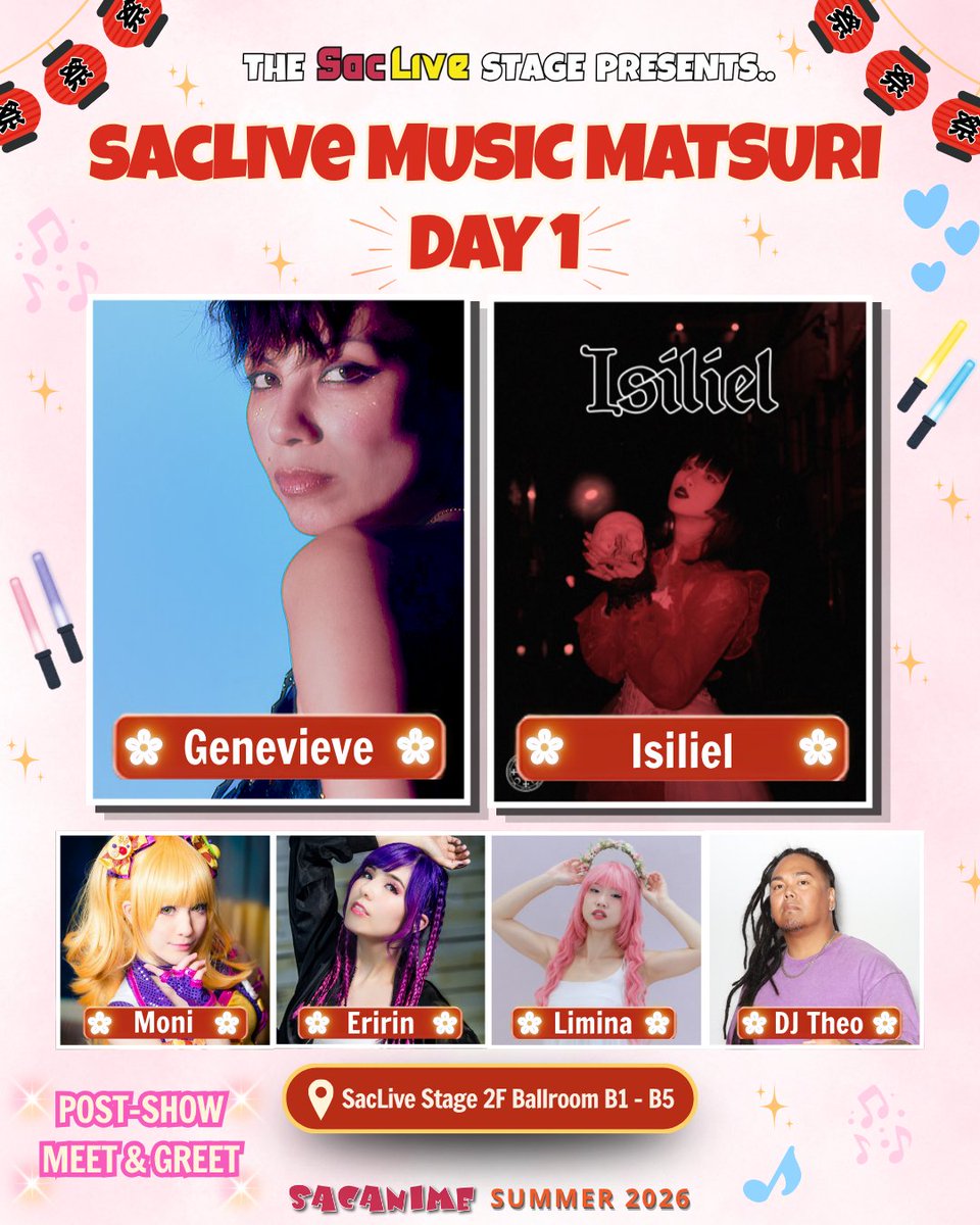 SacAnime's tweet photo. Three days of music are coming to SacAnime Summer 2026! 🎶

🏮 Sept. 4: Genevieve, Isiliel, Moni, Eririn, Limina &amp; DJ Theo
🪩 Sept. 5: Mii, HUNTR\X LIVE, ChromeSyndicate &amp; DJ Theo
🎮 Sept. 6: OverPowered, Limina &amp; DJ DommyG

📍 SacLive Stage · 2F Ballroom B1–B5 https://t.co/JUZyv66e8P