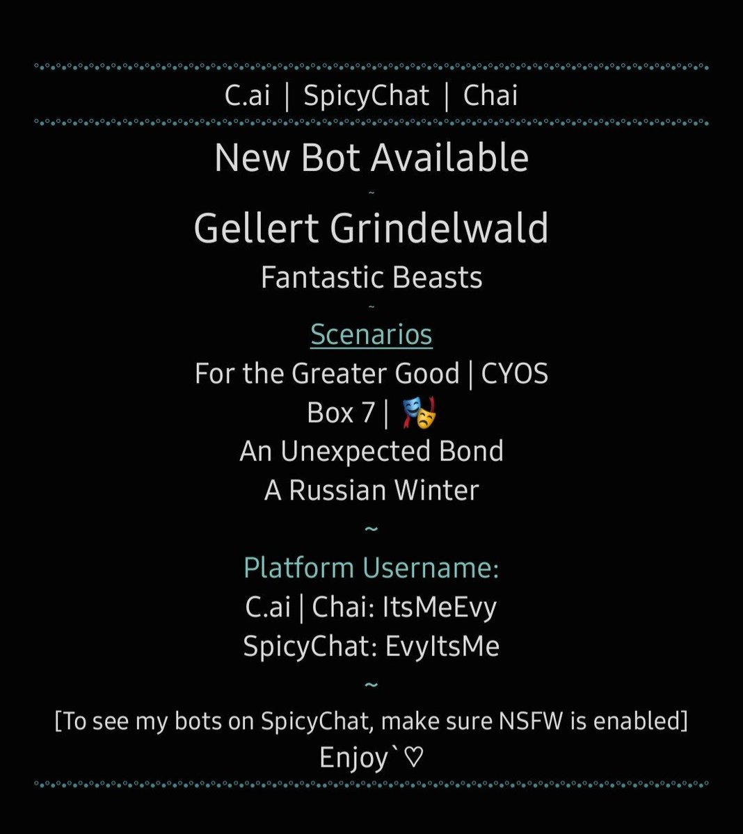 ArtOfMathias's tweet photo. New Gellert chatbots now up on all three platforms~ πͺ
#gellertgrindelwald #mumsformads https://t.co/d3oEP3JIX0