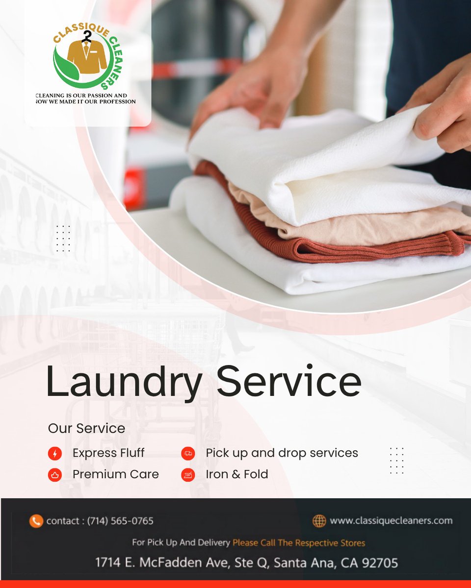 classiqueclean's tweet photo. Provides wash-and-fold services at standard rates across Santa Ana, California.
 📞 Call to simplify your business operations today!
(714) 565-0765
(714) 654-5925
🌐 Website
https://t.co/WwWeDqF9li
📍 Visit Us
1714 E. McFadden Ave, Ste Q,
Santa Ana, CA 92705
#laundry https://t.co/ECrsdKEaBE