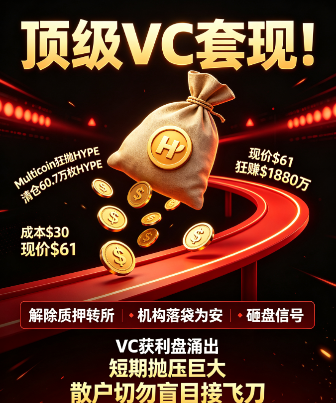 va7412's tweet photo. 🚨 顶级VC套现！Multicoin狂抛HYPE
💰 疑似Multicoin解除质押并转所，清仓60.7万枚HYPE。成本$30，现价$61，狂赚$1880万！
💡 理解：翻倍即走！机构落袋为安，解除质押转所是明确的砸盘信号。
⚠️ 警示：VC获利盘涌出，短期抛压巨大，散户切勿盲目接飞刀！
#HYPE #Multicoin #Web3 https://t.co/E4PveIyste