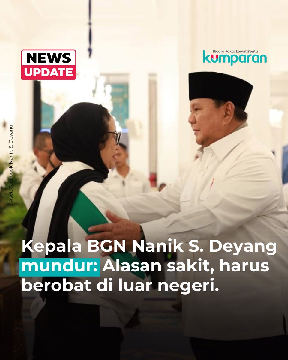 kumparan's tweet photo. Kepala Badan Gizi Nasional (BGN) Nanik S. Deyang mengumumkan dirinya mundur dari jabatannya setelah meminta izin kepada Presiden Prabowo Subianto untuk menjalani pengobatan jantung di luar negeri.

Nanik menyebut keputusan tersebut diambil demi fokus pada pemulihan kesehatannya. Meski tidak lagi menjabat sebagai Kepala BGN, ia mengatakan tetap diminta untuk ikut mengawasi program Makan Bergizi Gratis (MBG).

“Saya sampaikan ke presiden juga dengan beribu maaf sepertinya saya harus mundur sebagai Kepala BGN, demi kesehatan saya,” tulis Nanik dalam unggahannya di Facebook.

Ia juga menegaskan program MBG bukan dibuat untuk kepentingan politik, melainkan sebagai upaya memperbaiki gizi anak-anak Indonesia. Menurutnya, program tersebut juga memberikan dampak ekonomi bagi masyarakat, mulai dari petani, peternak, hingga pedagang.

“14 tahun ikut beliau, saya tau persis program MBG bukan untuk tujuan politis seperti yang dituduhkan orang, tapi sebagai program untuk benar-benar intervensi gizi anak-anak agar tumbuh menjadi generasi emas dan juga untuk menjaga kesehatan mereka,” tulisnya.

Sebelum mundur, Nanik mengatakan telah menyiapkan sejumlah langkah reformasi di BGN, termasuk pembentukan tim evaluasi untuk memperbaiki tata kelola dan pelaksanaan program MBG.

📸: Dok. Facebook Nanik S. Deyang.

Baca selengkapnya dengan klik link di bio. Cari tahu berita update lainnya dengan download aplikasi kumparan di App Store atau Google Play.⁠

📝: newsupdate | update | news | oneliner | R158 | E099

#bicarafaktalewatberita #kumparan
