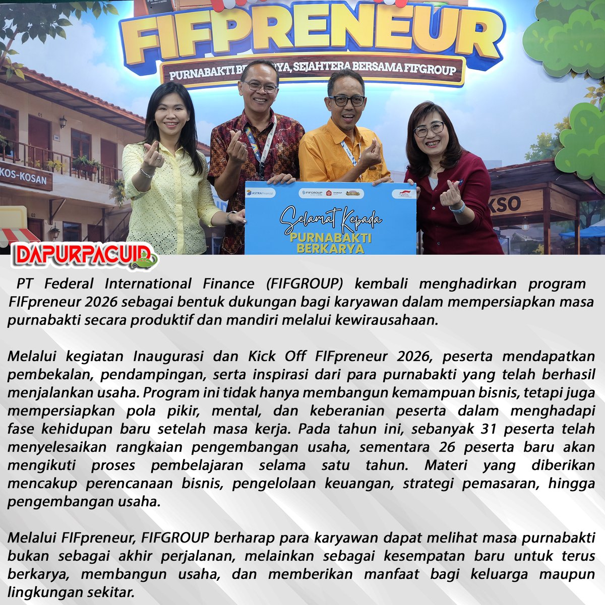 Dapurpacu_id's tweet photo. Melalui FIFpreneur 2026, PT Federal International Finance (FIFGROUP) membekali karyawan dengan pengetahuan dan pendampingan kewirausahaan agar siap membangun masa depan yang lebih produktif dan mandiri.
#fifgroup #fifpreneur #astrafinancial #kewirausahaan #purnabaktiberkarya https://t.co/zBLeGvc4eO