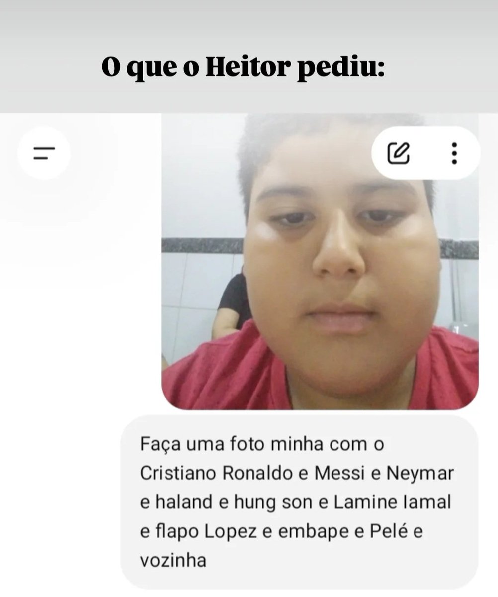 Crisneive's tweet photo. Heitor, 8 anos, filho da minha amiga Lena, pediu ao chatgpt uma foto com vários craques da Copa do Mundo. 

O Expectativa x Realidade mais fofinho que você vai ver hoje. A coisa mais bonita do futebol é que ele faz sonhar. https://t.co/JbTvVOCHHs