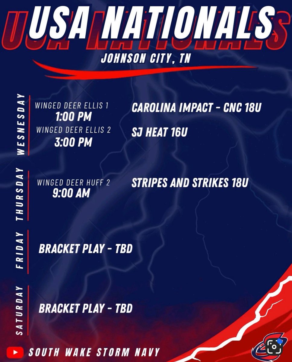 swstorm_navy's tweet photo. Two teams, one goal. Our girls are so excited to compete at USA Nationals! Pool play is Wednesday and Thursday with bracket starting Friday. 

⭐️USA Nationals
📍Johnson City, Tn
📺 https://t.co/Wm0GNcGcAX
👇18u and 14u schedule below

@mikeSWStorm @FulcherKevyn https://t.co/96Jb7ozybK