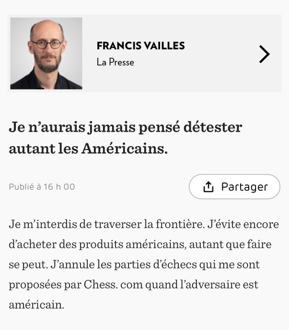 lucquebec's tweet photo. Pendant mon séjour au É-U, j'ai rencontré une Québécoise qui m'expliquait son étonnement:

"Je ne comprends pas, la situation n'est pas comme le disent nos médias, on est très bien reçu aux É-U. À la douane cela a très bien été..."

Je ne sais pas de quel média elle parlait... ni ce qu'elle avait compris avant de traverser la frontière. Mais elle a compris l'essentiel, les médias vous manipulent. Allez vérifier par vous-même.

Mon anglais n'est pas parfait, et jamais je n'ai senti une pointe d'agancement ou d'impatience de leur part pour le touriste canadien que je suis. Au contraire, le lien entre les canadiens et les américains est resté le même.

Pour ceux qui choisissent de ne pas aller aux É-U pour boycotter Trump... sachez que je ne l'ai pas croisé, mais que selon moi il s'en fiche. Comme devrait s'en ficher le monde ordinaire qui ont une vie.

Occupons nous de nos problèmes au Canada, je crois que cela va de plus en plus mal ici et que le véritable problème est à Ottawa.

Voici la photo d'un cave... soyez plus intelligent que lui! 
La semaine prochaine il va écrire le contraire si son boss lui demande de le faire.
En effet, il faut être cave pour ne pas faire la différence entre un peuple et un politicien.