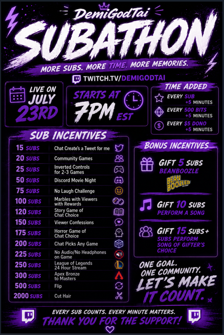 DemiGodTai's tweet photo. My First Subathon On My Birthday!

Starting July 23rd, 7pm EST. https://t.co/wzCiea5ctc