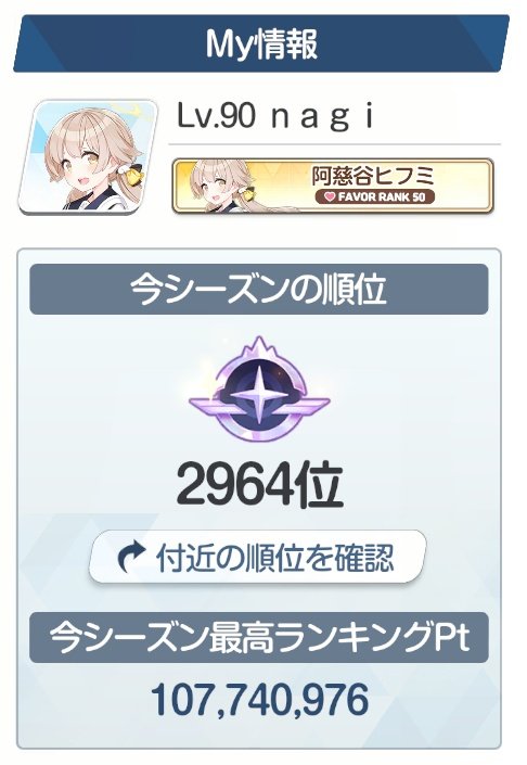 nagi1529's tweet photo. 遅れましたが大決戦おつでした〜
お祈りが面倒くさくなって妥協したものの、3000位以内に入れたのでʅ(´･ω･`)วﾖｼ!
#ブルアカ https://t.co/F6f1wHPx0H