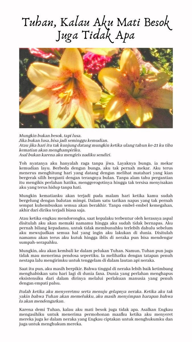 pencorner's tweet photo. Tuhan, Kalau Aku Mati Besok Juga Tidak Apa

cw // death, suicide
🖊️ rosettelane_ https://t.co/l1vK8moZQh