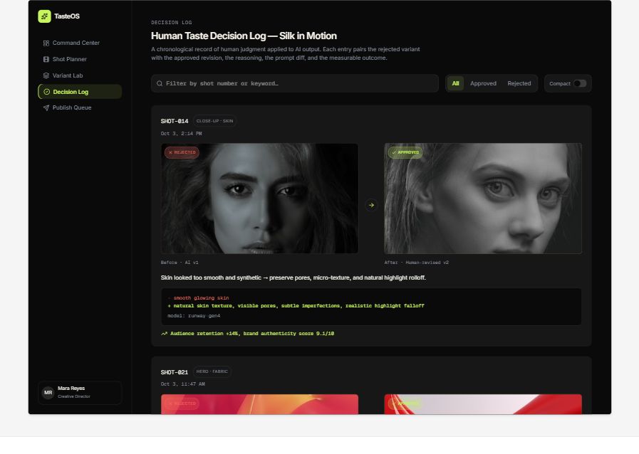 phamnhathaidang's tweet photo. TasteOS is my @flowstep_ai #FlowstepChallenge entry — a 5-screen human-in-the-loop workspace for AI video teams to plan shots, compare variants, log creative decisions, and publish with confidence.

Built with Flowstep + ChatGPT/Codex: https://t.co/LMJ5BjGQKu https://t.co/ajwo215Tc8