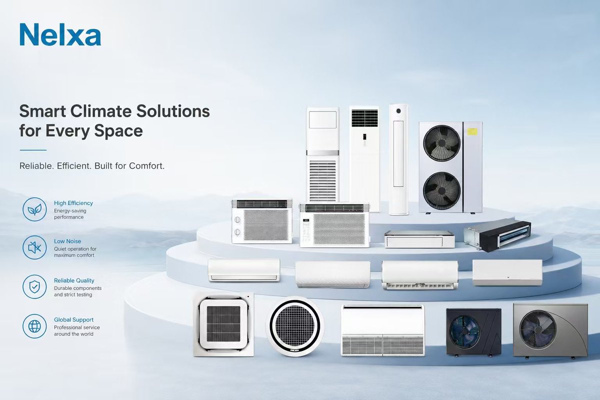 NelxaAC's tweet photo. Nelxa Smart Climate Solutions — full lineup of HVAC units for residential &amp; commercial spaces.
Wall split / cassette / window AC / floor standing / ducted / heat pumps.
 
✅ High efficiency energy saving
✅ Global after-sales support
 
OEM &amp; available. 
#HVAC #AirConditioner  #AC https://t.co/F1Szl8MI5L
