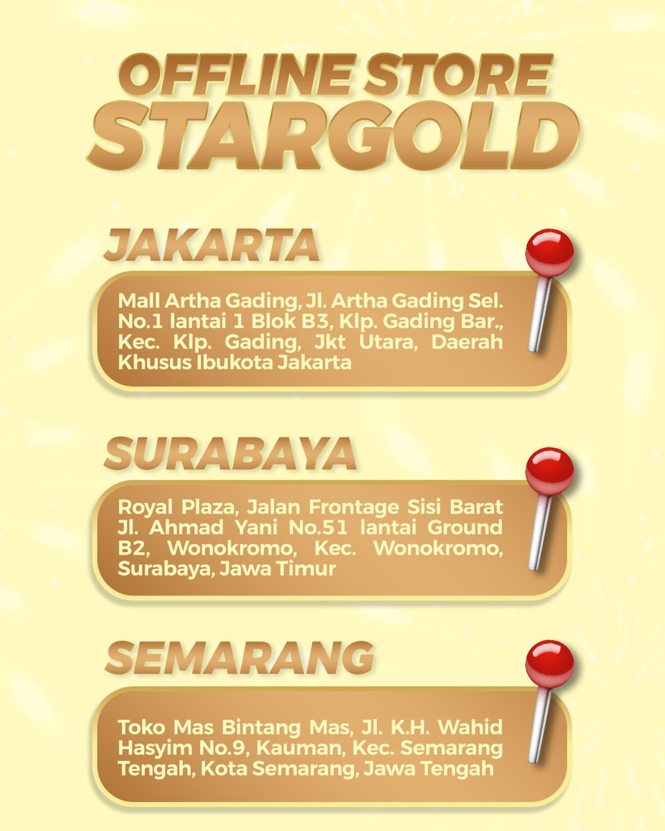 Stargoldmkb1's tweet photo. 🎉 GEBYAR ANTAM APP STARGOLD!

📅 22 Juli 2026 | 13.00–17.00 WIB
📦 0,5 gr, 3 gr, 5 gr (maks. 10 keping/gramasi)
📍 Pickup hanya di Offline Store StarGold (dengan tanggal tertera) &amp; bawa KTP
S&amp;K:
✅ Follow IG @stargoldmkb &amp; @stargoldindonesia
✅ Tunjukkan bukti follow ke admin https://t.co/9aOPwxw2I6