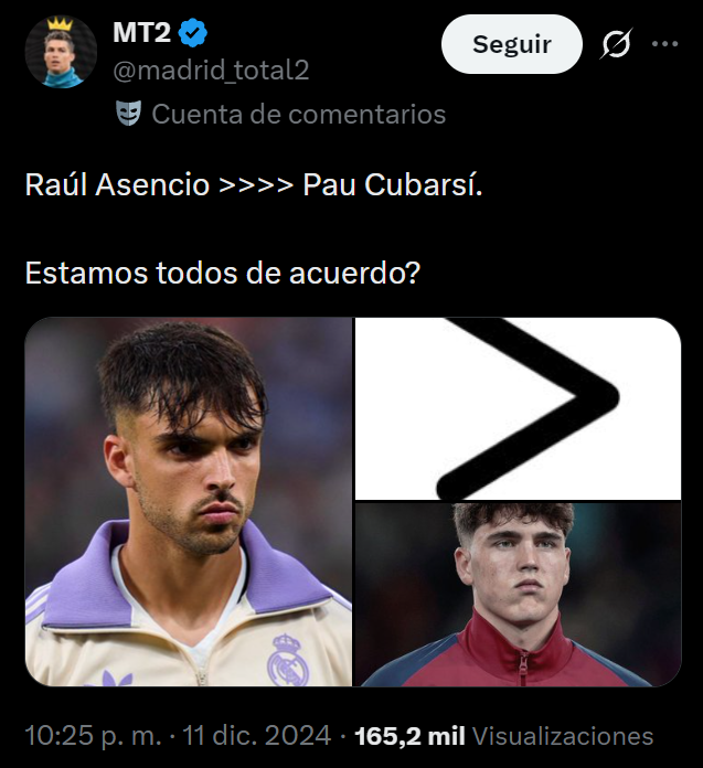 Llourinho's tweet photo. Hubo un tiempo en el que trataron de convencernos de que Asencio era mucho mejor que Cubarsí. https://t.co/hyyeseGCxu