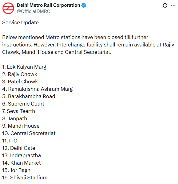 ians_india's tweet photo. Below mentioned Metro stations have been closed till further instructions. However, Interchange facility shall remain available at Rajiv Chowk, Mandi House and Central Secretariat: DMRC https://t.co/kKzlpW1lXz
