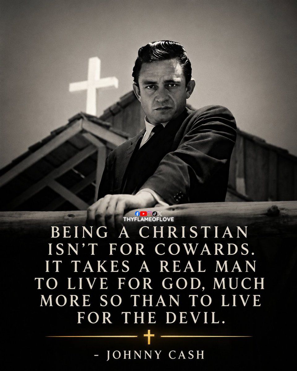 thyflameoflove's tweet photo. "Being a Christian isn't for cowards. It takes a real man to live for God, much more so than to live for the Devil." 
- Johnny Cash

Following Jesus is not the easy path. It takes courage to forgive when you've been hurt, stay faithful when you're tempted, stand for truth when it's unpopular, and keep trusting God when life is hard. 

Anyone can follow the crowd, but real strength is choosing Christ every day, even when it costs you something. 

Jesus never promised an easy life, but He did promise to be with us through it all. 

The strongest people aren't those who never struggle... they're the ones who keep getting back up with God's grace.

💬 Do you think it takes more courage to follow Christ than to follow the world?

Someone in your life may need this reminder today more than you realize.