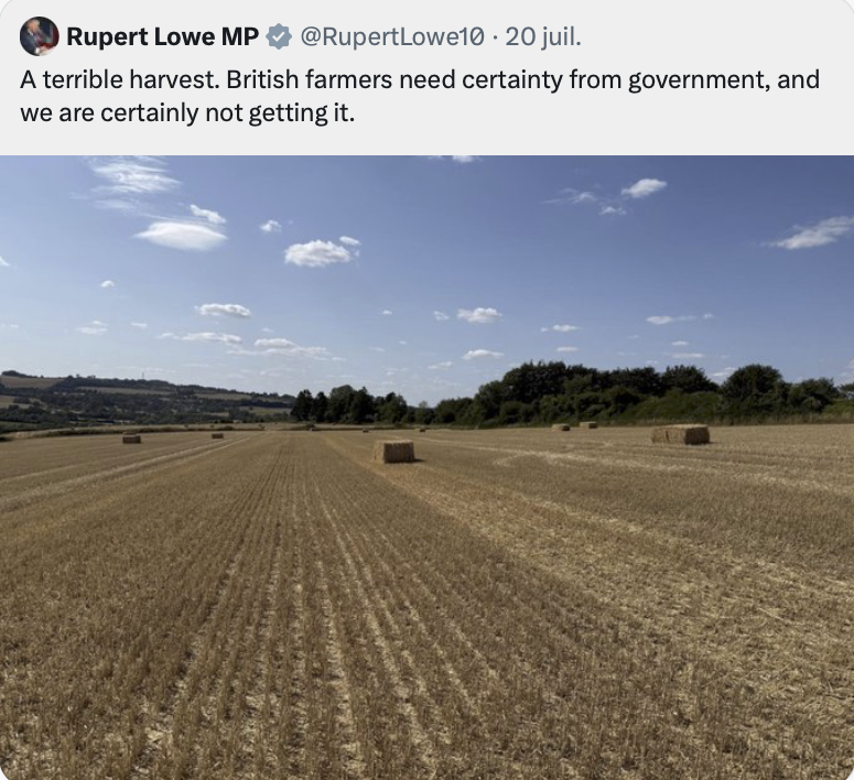 AlexTaylorNews's tweet photo. Rupert Lowe, for years : "Climate change is a "cult"
"There's "no definitive evidence" to support climate scientists' conclusions"

Rupert Lowe, now : "It's all the government's fault there's such a terrible harvest this year" 👇
🤡🤡 https://t.co/oxbQqwfiig