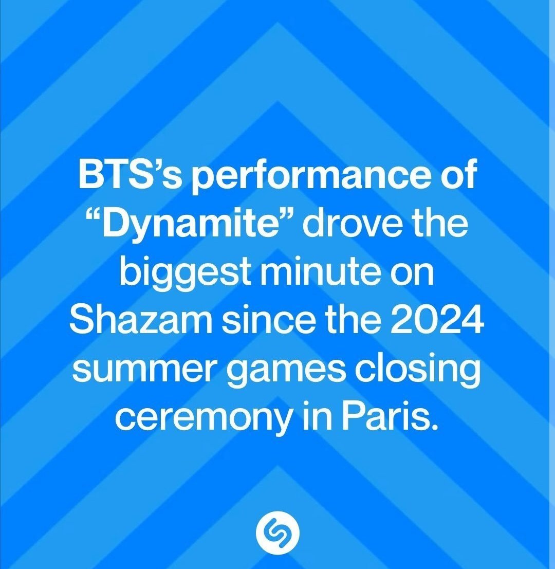 Pk_bts_land's tweet photo. According to Shazam , BTS's performance of "Dynamite" at FIFA World Cup  generated the biggest single minute increase in Shazams since the 2024 Summer Games Closing Ceremony in Paris. https://t.co/uZhWfNWaCI