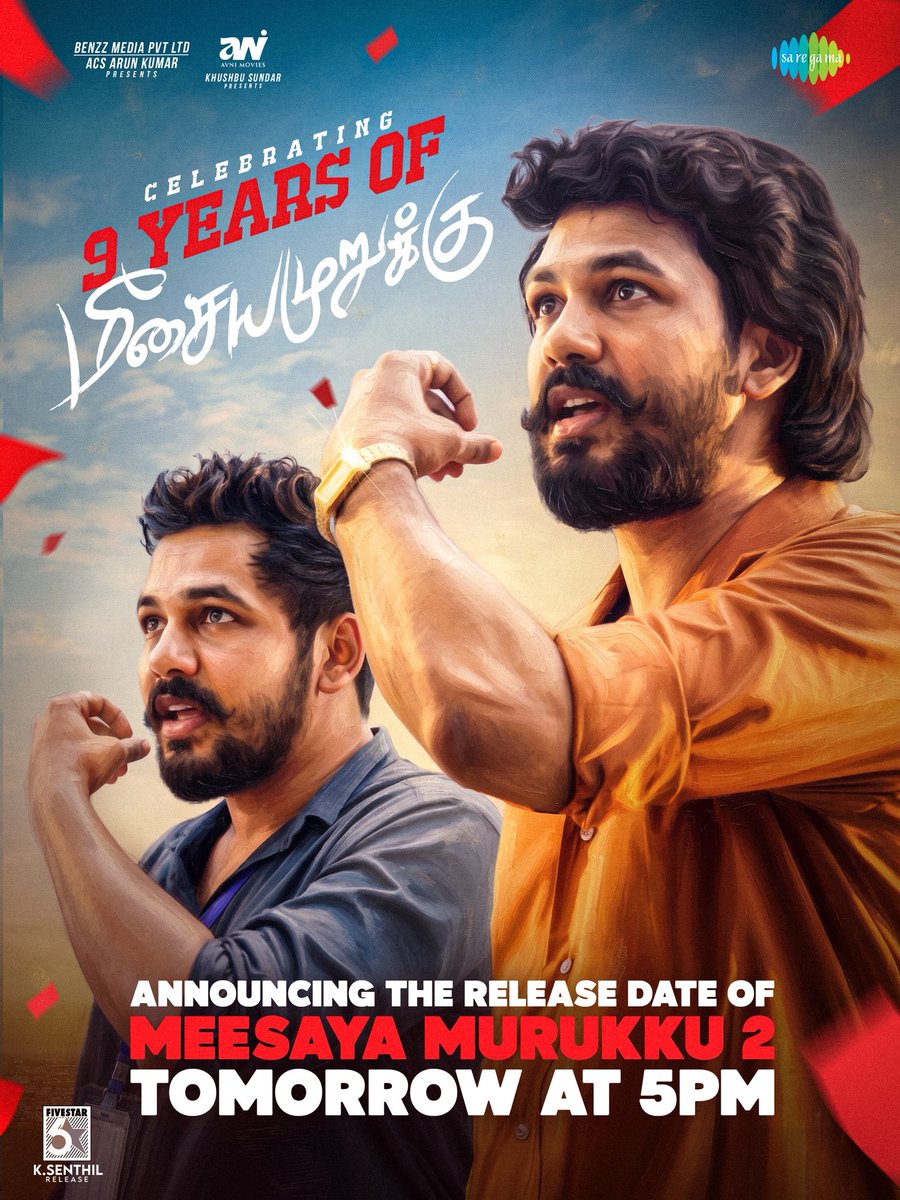 hiphoptamizha's tweet photo. What started as a dream became an emotion for millions. Now it’s time to relive the magic✨ 
Release date announcement of #MeesayaMurukku2 drops tomorrow at 5 PM!

#9YearsOfMeesayaMurukku #MeesayaMurukku2 https://t.co/UIqAEBEnIE
